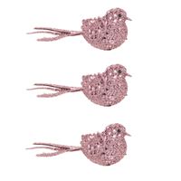 6x stuks decoratie vogels op clip glitter roze 12 cm - thumbnail