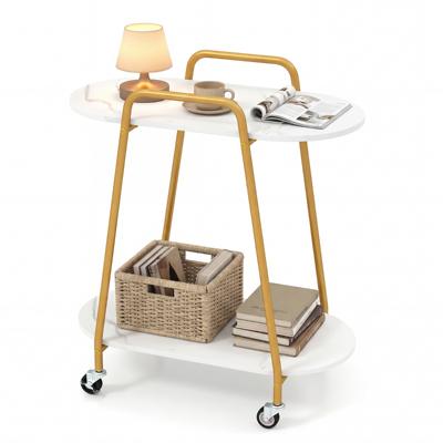 2-Traps Verrijdbaar Bijzettafeltje Modern Mobiel Nachtkastje met Kunstmarmeren Oppervlakken Vergrendelbare Wieltjes en Robuust Metalen Frame