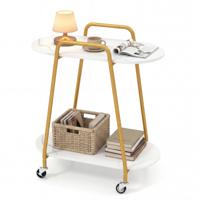 2-Traps Verrijdbaar Bijzettafeltje Modern Mobiel Nachtkastje met Kunstmarmeren Oppervlakken Vergrendelbare Wieltjes en Robuust Metalen Frame