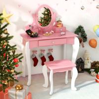 Kaptafel en Stoel Set voor Kinderen 2 in 1 Kaptafel met Verwijderbare Draaibare Spiegel en Lades Kaptafel Set Roze/Wit