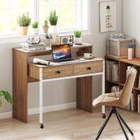 Uittrekbare Bureau Kleine Computertafel met 2 Lades en Wielen 100 x 63 x 88 cm Natuur