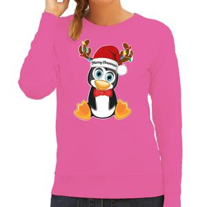 Foute Kersttrui/sweater voor dames - Merry Christmas - roze - kerst pinguin - kerst cadeau