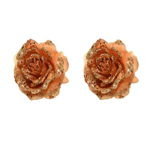 2x stuks decoratie bloemen roos terra bruin glitter op clip 14 cm