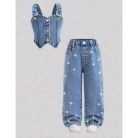 Bon&Bon Meisjes Denim Outfit - Blauwe 2-Delige Set met Asymmetrische Top 4 jaar