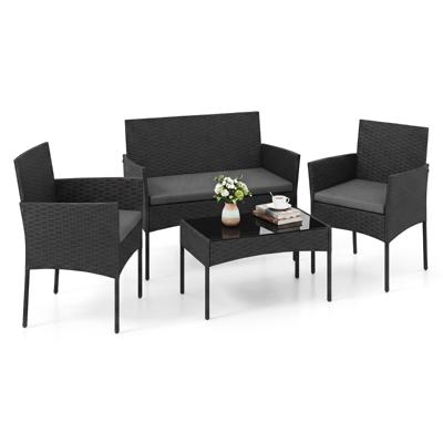 Tuinset 4-Delige Balkonmeubelset met Fauteuil Tuintafel en 2 Stoelen Rotan Tuinlounge met Zitkussens Terrasmeubels voor Buiten-Grijs