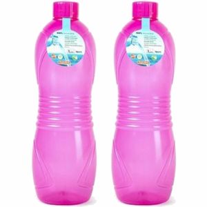 Plasticforte Drinkfles/waterfles/bidon - 2x - 1000 ml - transparant/roze - kunststof - Drinkflessen