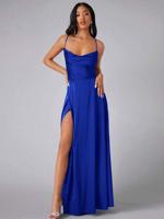 Bon&Bon Lilac Satin Bridesmaid Dress | Cowl Neck Maxi Gown with Split Blue1 / M