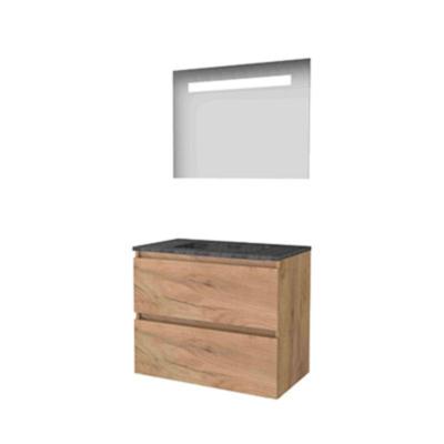 Basic-Line Economic 46 Badkamermeubelset - 80 x 46 cm - Greeploos - 2 Lades - Hardstenen Wastafel - Zonder Kraangat - Spiegel met LED Verlichting - Whisky Oak