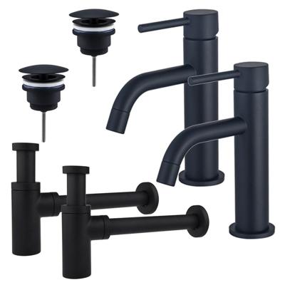 Fortifura Calvi Slim Wastafelkraanset - voor dubbele wastafel - lage wastafelkraan - always open plug - design sifon - Mat zwart 2x SW377835/2x SW696205/2x SW696210