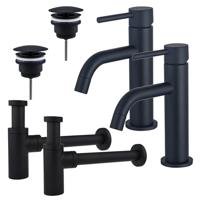 Fortifura Calvi Slim Wastafelkraanset - voor dubbele wastafel - lage wastafelkraan - always open plug - design sifon - Mat zwart 2x SW377835/2x SW696205/2x SW696210