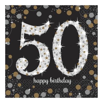 Servetten 50 jaar - 16x stuks - zwart - 33 x 33 cm - confetti - luxe - verjaardag