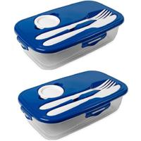 Lunchbox - 2x - wit met bestek -1 liter - plastic -14 x 23 x 6 cm - thumbnail