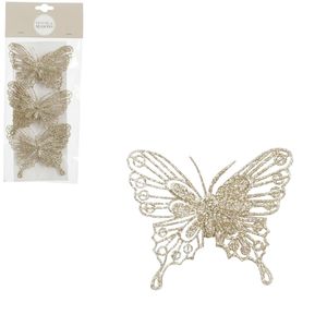 House of Seasons vlinders op clip - 3x stuks - champagne glitter - 10 cm   -