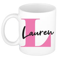 Naam mok Lauren - roze - wit - keramiek - 300 ml - verjaardag/cadeau beker