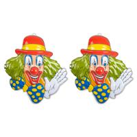 Carnaval/party decoratie bord - 2x - Clown hoofd - wand/muur versiering - 50 x 50 cm - plastic - thumbnail