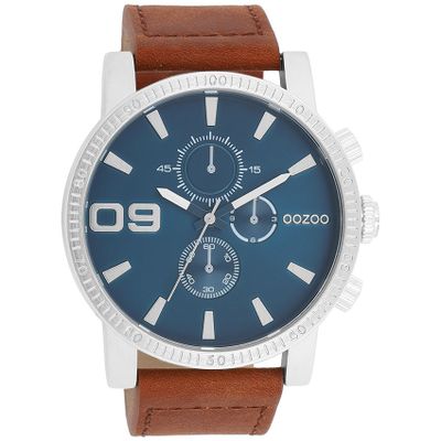 OOZOO C11210 Horloge Timepieces staal-leder zilverkleurig-bruin-blauw 48 mm