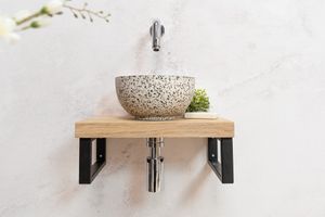 Saniclear Baru fonteinset met eiken plank, zwart-witte terrazzo waskom en chromen kraan voor in het toilet