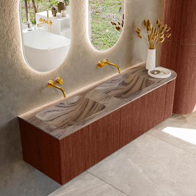 Badmeubel Mondiaz Kurve-Dlux | 155 cm | Meubelkleur Ruby | Wastafelkleur Sombra | Solid surface | Dubbel / Links spoelbak | Zonder kraangat(en)