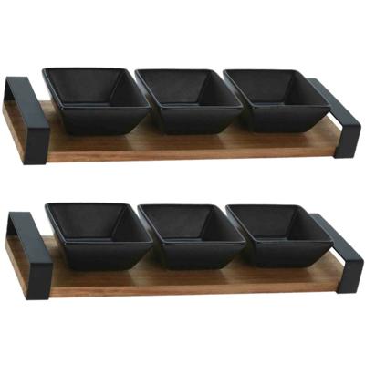 Excellent Houseware serveerplank - 2x stuks - acacia hout - 3 schaaltjes - 32 x 10 cm - aardewerk