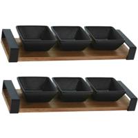 Excellent Houseware serveerplank - 2x stuks - acacia hout - 3 schaaltjes - 32 x 10 cm - aardewerk