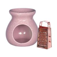 Amberblokjes/geurblokjes cadeau set - geurbrander en mini rasp - roze - keramiek