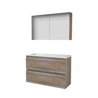 Basic-Line Comfort 39 Badkamermeubelset - Ondiep - 100 x 39 cm - Greeploos - 2 Lades - Acryl Wastafel - 1 Kraangat - Spiegelkast - Scotch Oak