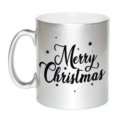 Kerst thema Koffiemok - Merry Christmas - 300 ml - zilver - keramiek - kerstcadeau - kerstmis