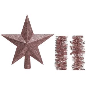 Kerstversiering kunststof glitter ster piek 19 cm en folieslingers pakket oud roze van 3x stuks