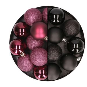 24x stuks kunststof kerstballen mix van aubergine en zwart 6 cm