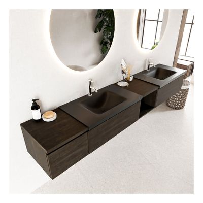 Mondiaz Bukla 240cm badmeubel met open module 40 rechts dark brown 3 lades met wastafel dubbel 2 kraangaten kleur urban