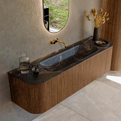 Mondiaz KURVE-DLUX 160 cm Onderkast Greeploos 1 Lade Met Deuren Walnut, Wastafel Solid Surface Midden Lava 0 Kraangaten Zonder Spiegel (KRVBGM160L+R1L2D0KM-Wal/Lav)