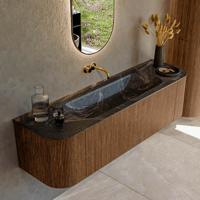 Mondiaz KURVE-DLUX 160 cm Onderkast Greeploos 1 Lade Met Deuren Walnut, Wastafel Solid Surface Midden Lava 0 Kraangaten Zonder Spiegel (KRVBGM160L+R1L2D0KM-Wal/Lav)