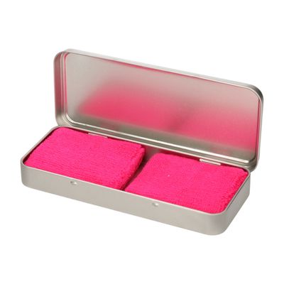2x stuks neon roze sport zweetbandjes in metalen opslag/bewaar doosje 2x stuks neon roze sport zweetbandjes in metalen opslag/bewaar doosje
