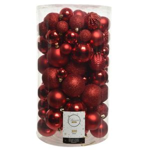 100x Kunststof kerstballen mix rood 4-5-6-7-8 cm kerstboom versiering/decoratie   -