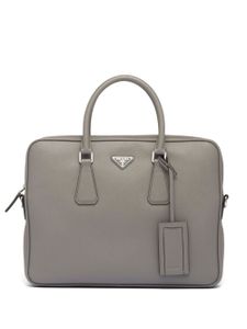 Prada porte-documents en cuir Saffiano à logo - Gris