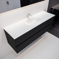 Mondiaz Vica Moon badmeubel zwart mat 150 cm 2 lades solid surface enkele spoelbak midden 1 kraangat