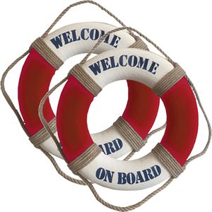 Reddingsboei - 4x - Welcome on board - 25 cm - rood/wit - kunststof - maritiem thema decoratie