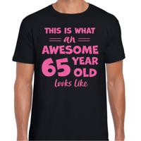 Cadeau T-shirt voor heren - leeftijd 65 jaar - awesome - zwart - glitter roze - Verjaardagsfeest - thumbnail