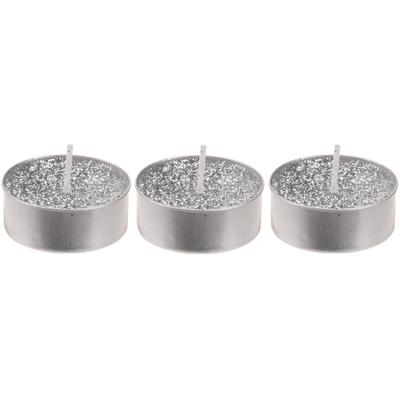Waxinelichtjes/theelichtjes - zilver - 6 cm - 3x - met glitter - kaarsen - kerst