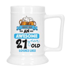 Cadeau Bierpul voor 21 jaar - blauw - grappige leeftijd bierpul - keramiek - 530 ml   -