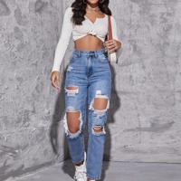 Bon&Bon High Waist Ripped Mom Fit Jeans | 100% Cotton Medium Wash Denim Medium Wash / L