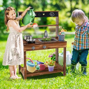 Modderkeuken voor Kinderen Kinderkeuken Sparrenhout met Kraan en Wastafel Speelkeuken met Tafel Pan en Pot Tuinkeuken Buiten