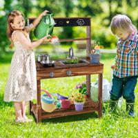 Modderkeuken voor Kinderen Kinderkeuken Sparrenhout met Kraan en Wastafel Speelkeuken met Tafel Pan en Pot Tuinkeuken Buiten - thumbnail