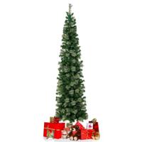 210 CM Voorverlichte Halve Kerstboom Halve Kunstboom met 403 Takuiteinden 150 LED-Lampjes Verlichte PVC & Dennennaalden Kerstboom