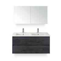 Porto Badmeubelset 120 cm - 4 laden Black Oak - Keramische Wastafel Wit Slim - met Spiegelkast