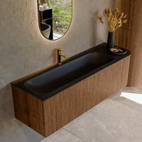 Mondiaz KURVE 145 cm Onderkast Greeploos 1 Lade Met Deuren Walnut, Wastafel Solid Surface Links Urban 1 Kraangat Zonder Spiegel (KRVBGL145R1L1D1KL-Wal/Urb)