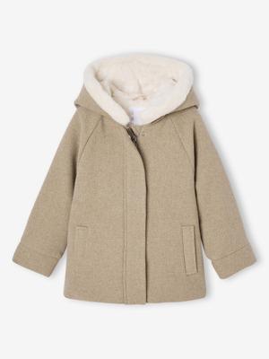 Mantel met capuchon van wollen stof voor meisjes gemêleerd beige