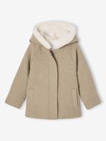 Mantel met capuchon van wollen stof voor meisjes gemêleerd beige