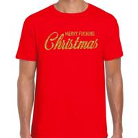 Foute kersttrui t-shirt - Merry Fucking Christmas - rood - voor heren - gouden glitter letters