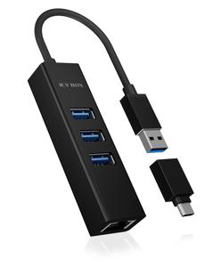 ICY BOX IB-HUB1419-LAN USB 3.0 Type-A+C zu 3x USB 3.0 und 1x Gigabit LAN, Aluminium USB 3.2 Gen 1-hub 4 poorten Zwart